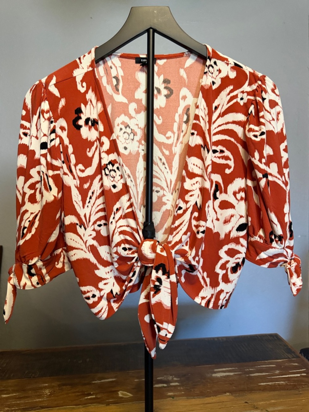 Express Rust Floral Tie-Front Blouse with Puff Sleeves